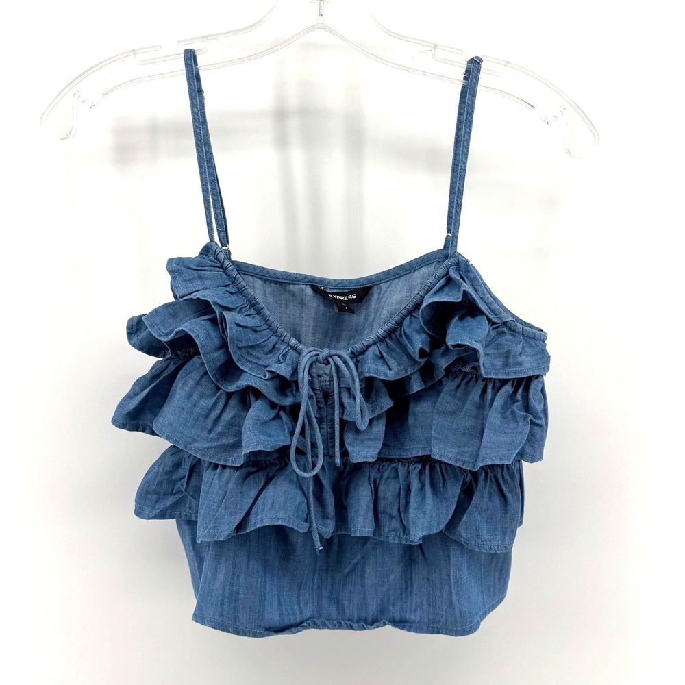 Express Ruffle Cami Tank Top Womens Small Blue Chambray Cropped Boho Western